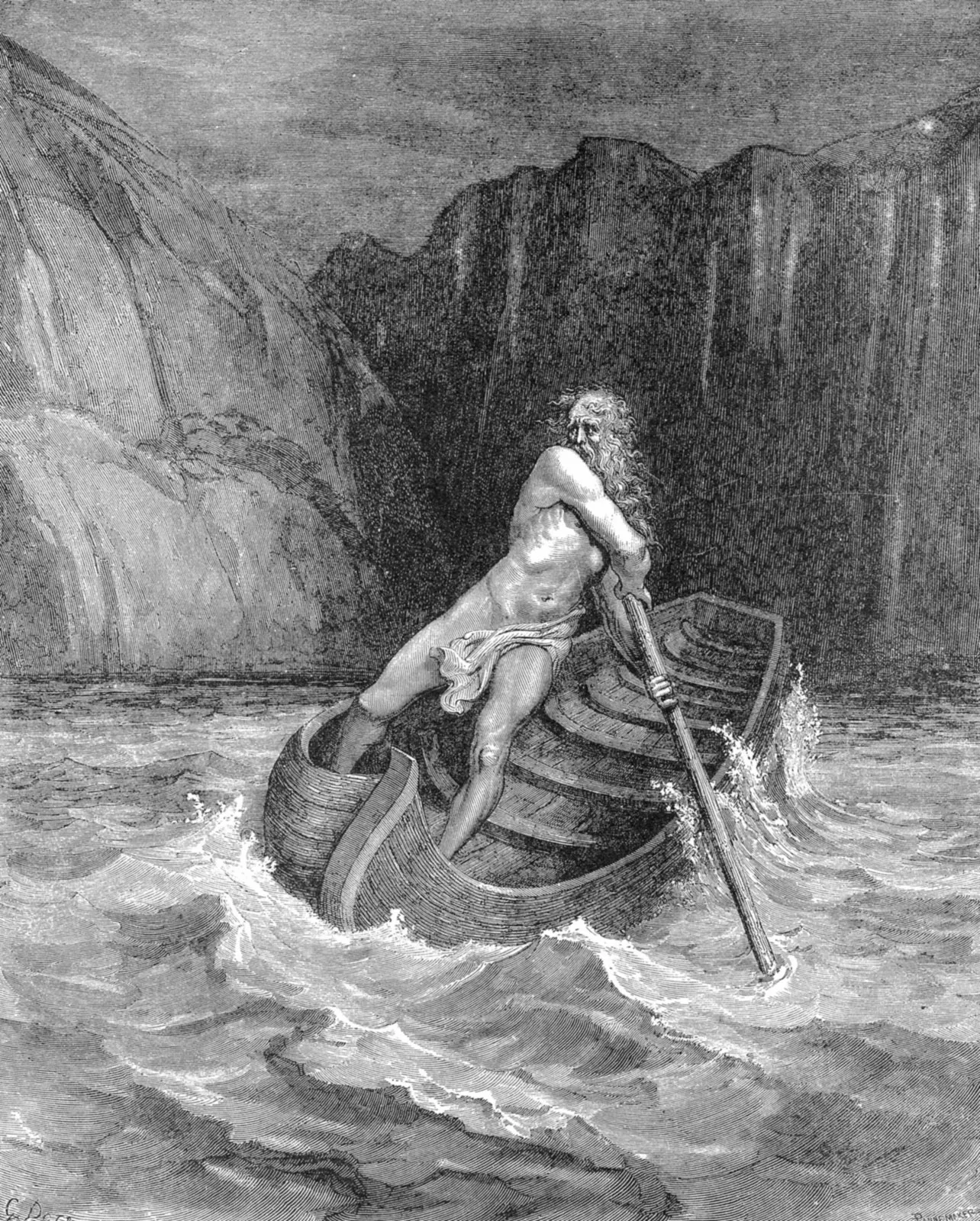 Charon rowing his boat through the waves