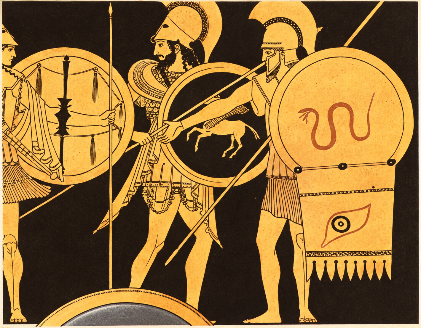 HD recreation of two spear-bearing warriors with decorated shields, selected for Deimos