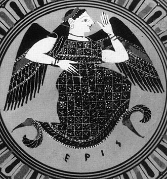Winged Eris on an ancient Greek vessel, with her name inscribed below