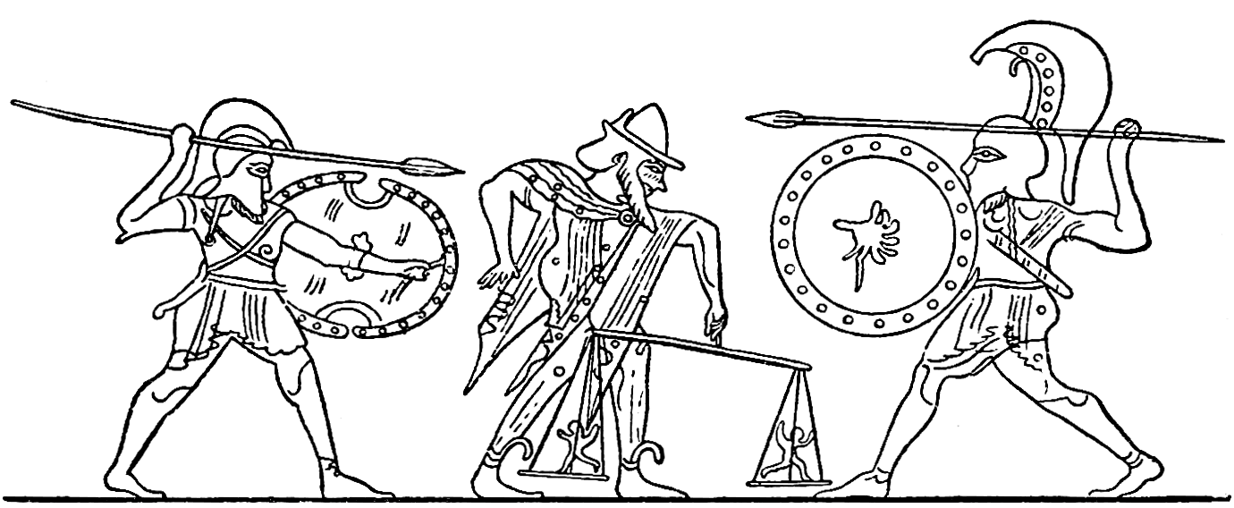 Historic rendering of the Greek Kerostasia scene with the weighing of death fates.