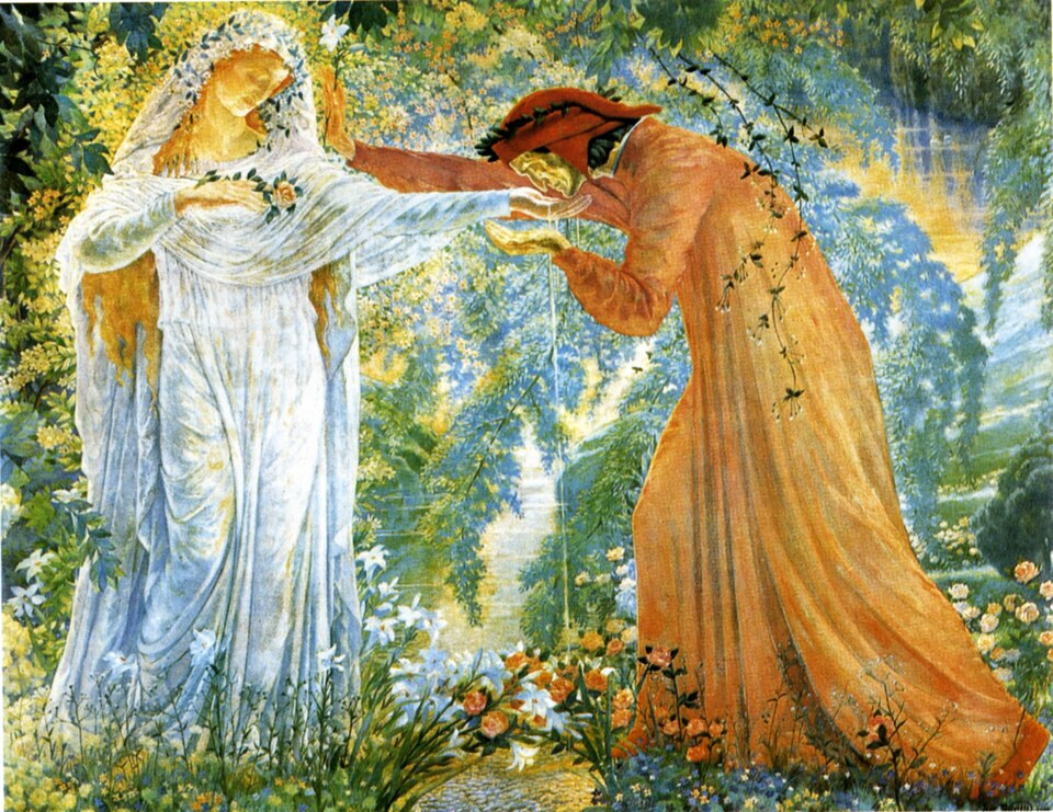 Jean Delville painting of Dante drinking from the River Lethe.
