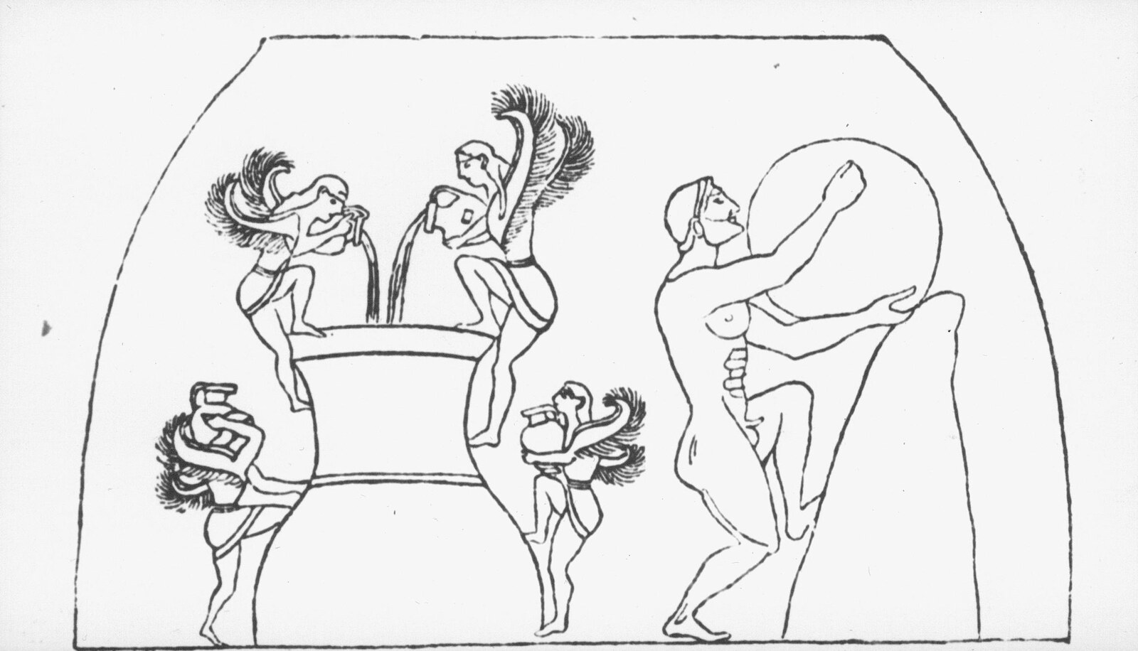 Ancient Greek black-figure underworld scene with Sisyphus and Danaids.