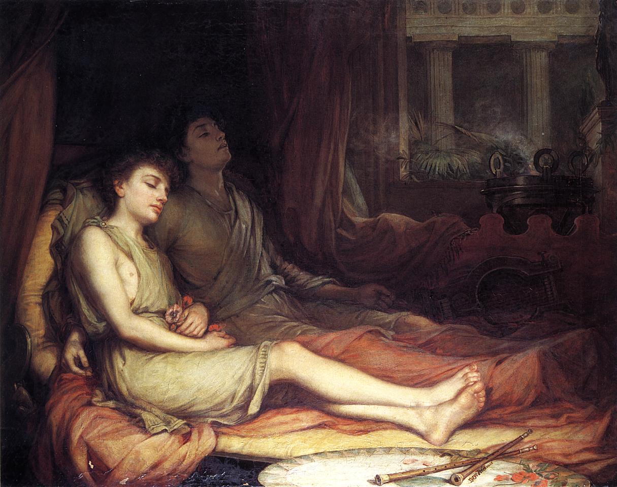 Thanatos, the shadowed figure behind Hypnos, in Waterhouse’s Sleep and His Half-Brother Death