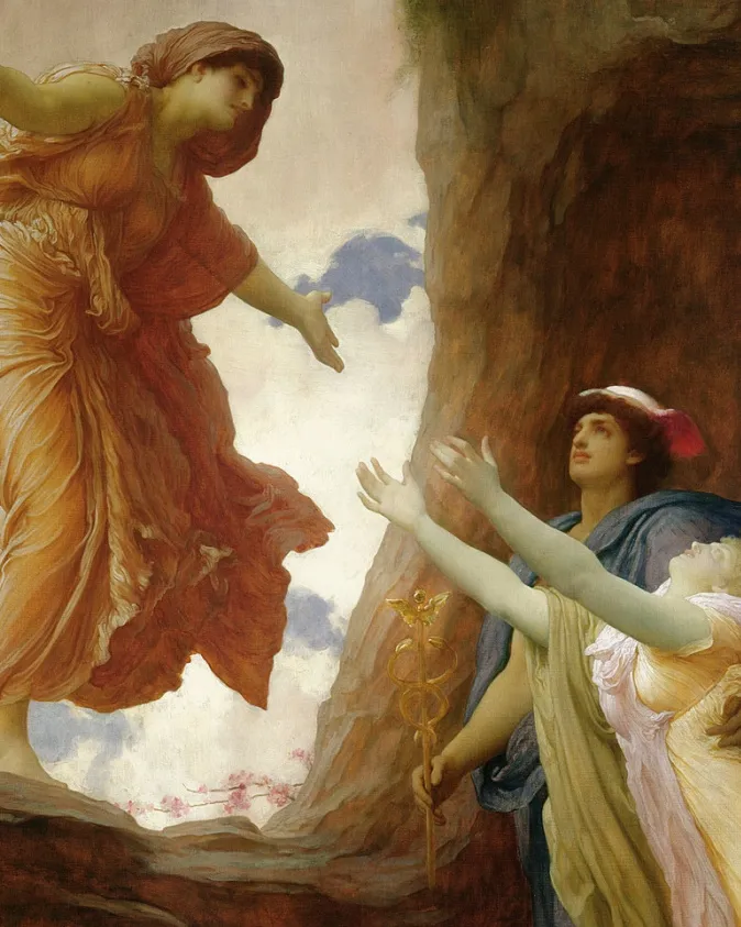 Demeter reaches toward Persephone as Hermes guides her upward from the underworld.