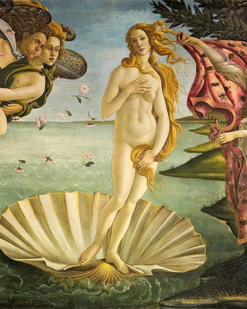 Venus stands on a shell between wind-blown figures and a woman bringing her a mantle.