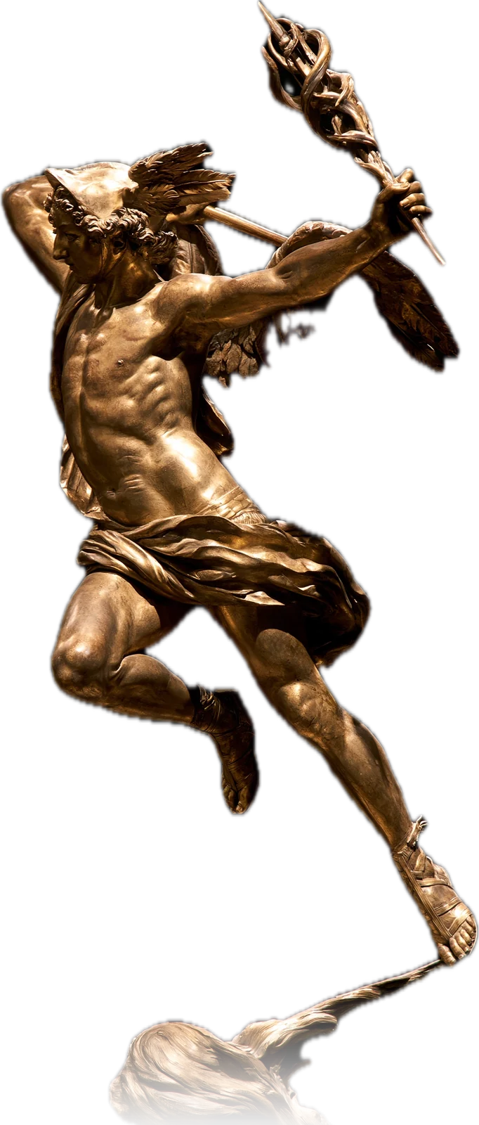 Hermes in flight on a gust of wind, caduceus raised, in gilded bronze