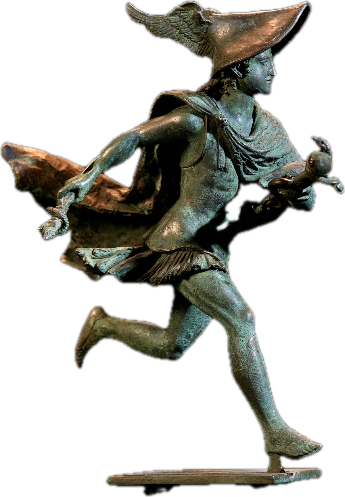 Hermes running in his winged hat, cloak flying, in green bronze