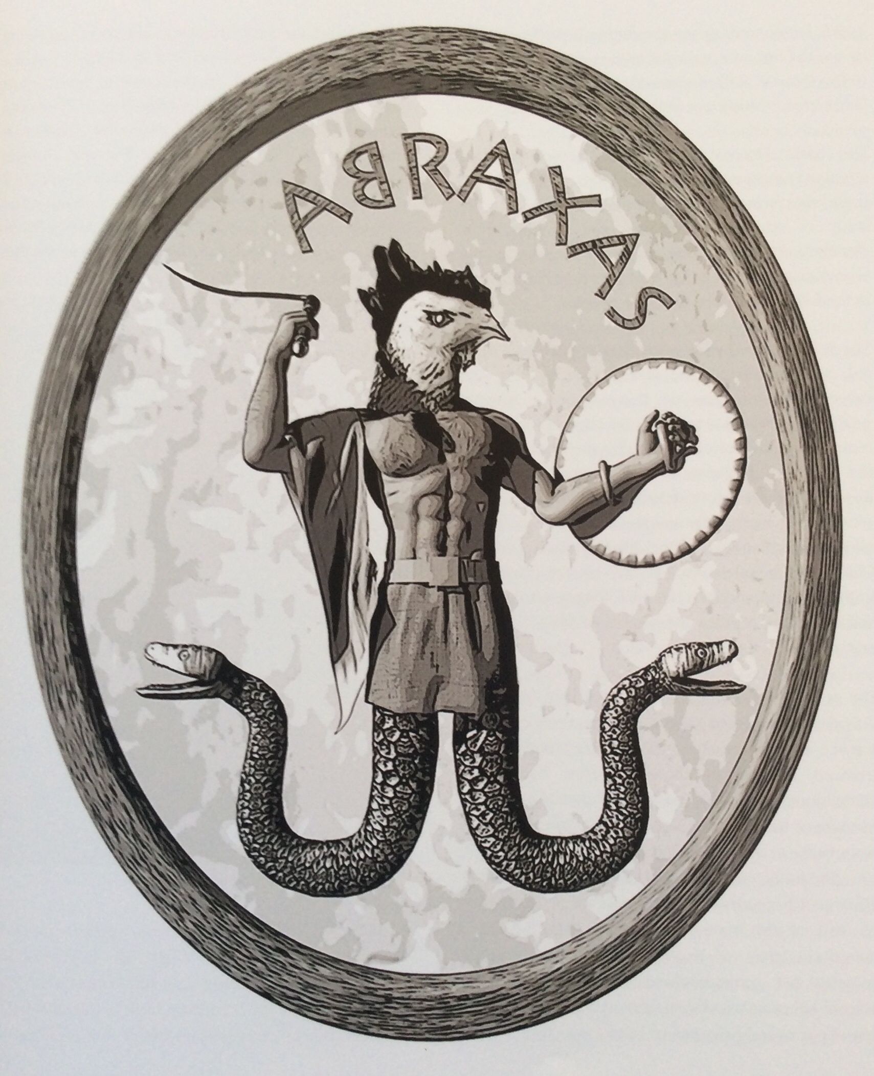 Illustration of Abrasax with a rooster head, shield and serpent legs